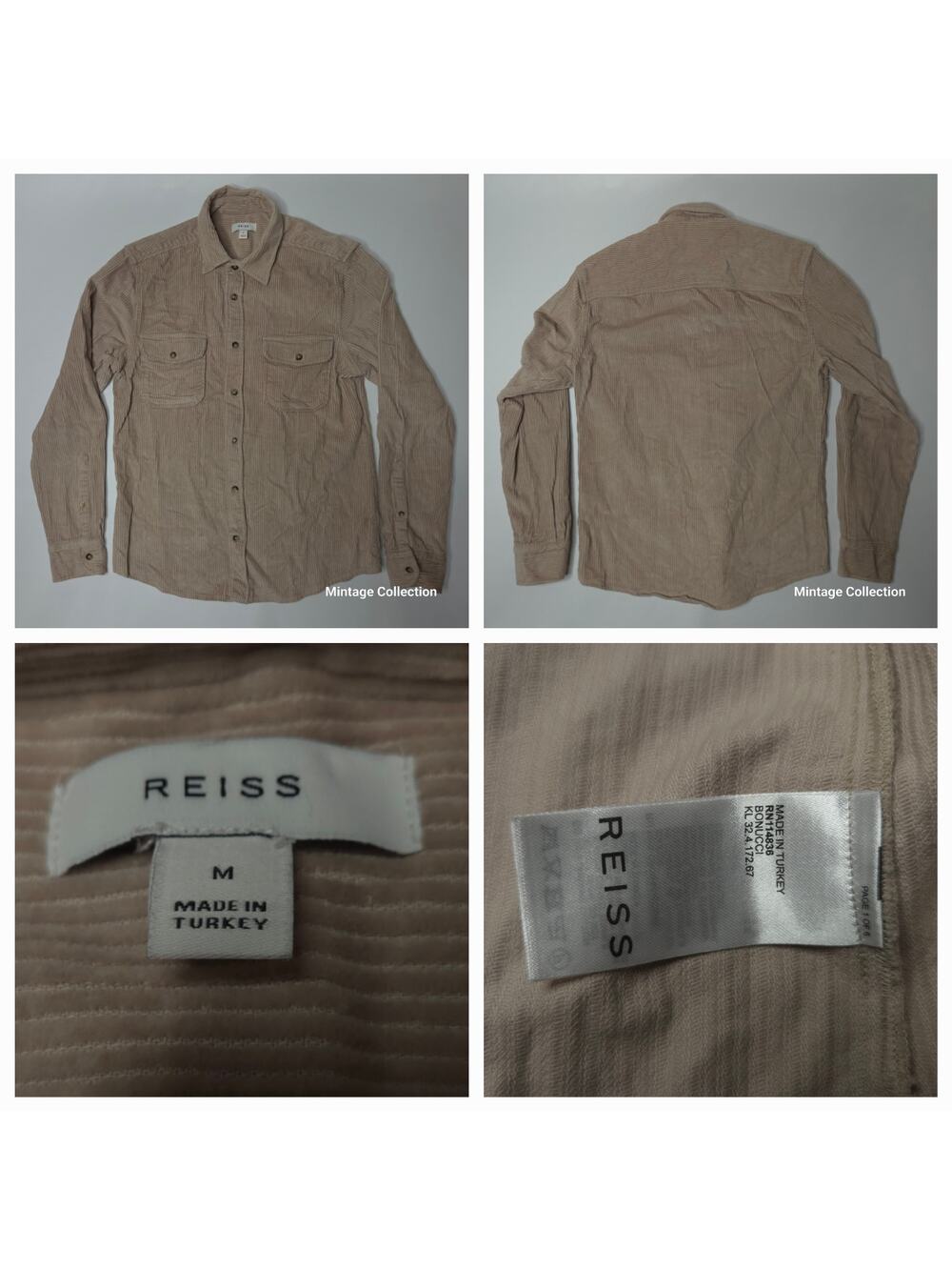 REISS Bonucci Corduroy Twin Pocket Button Up Beige Longsleeve Shirt Men's Size M